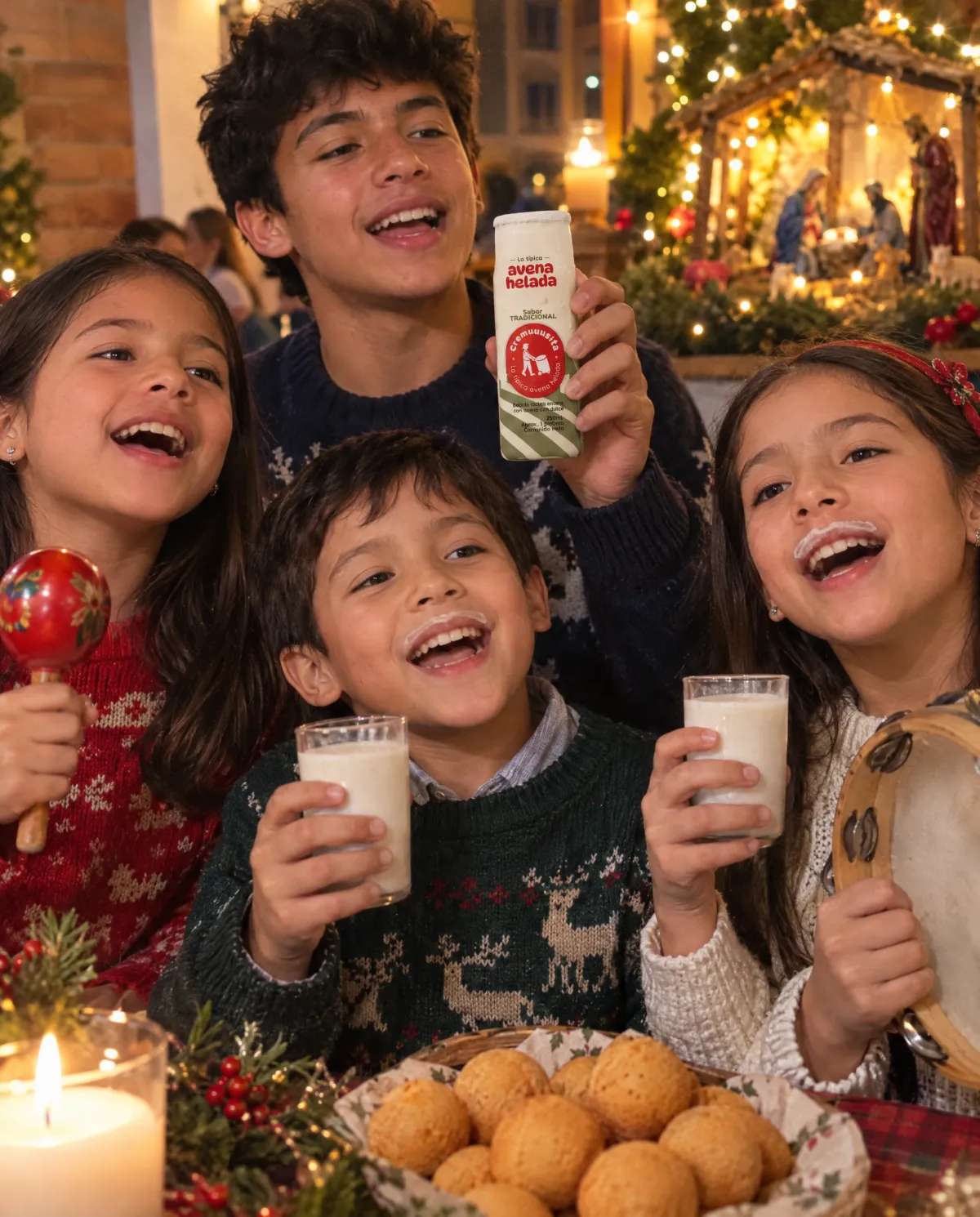 Niños compartiendo avena cubana en una novena de aguinaldos